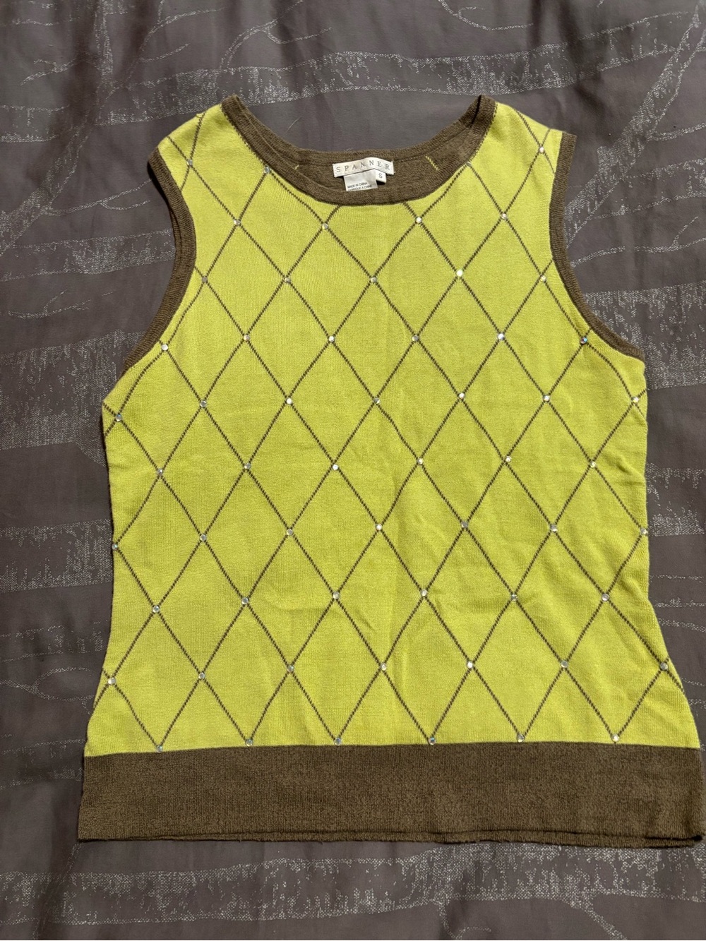 🧳SPANNER Lime Green Sleeveless Knit Tank with Brown Trim